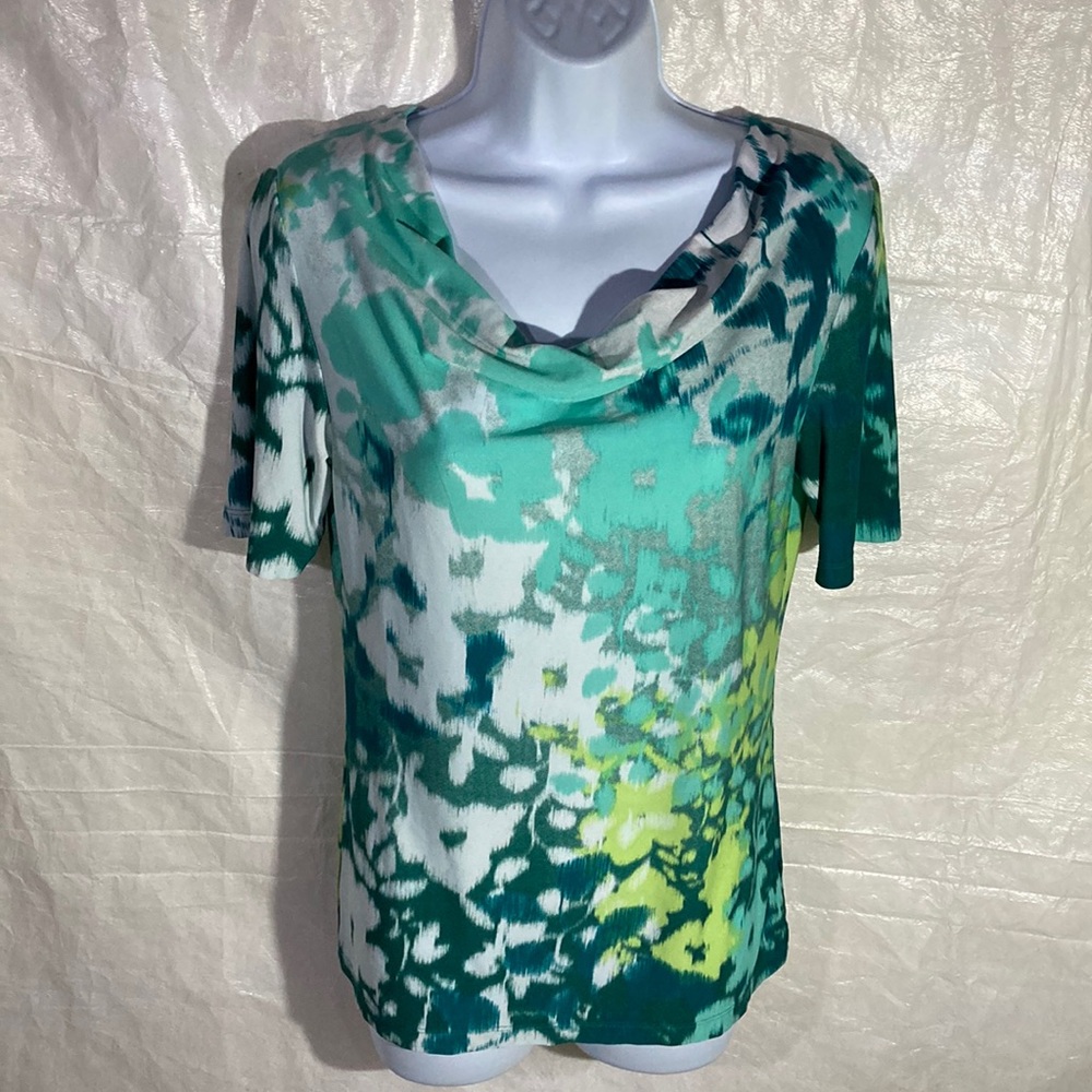 39-6 ELLEN TRACY green white floral slouch neck top S